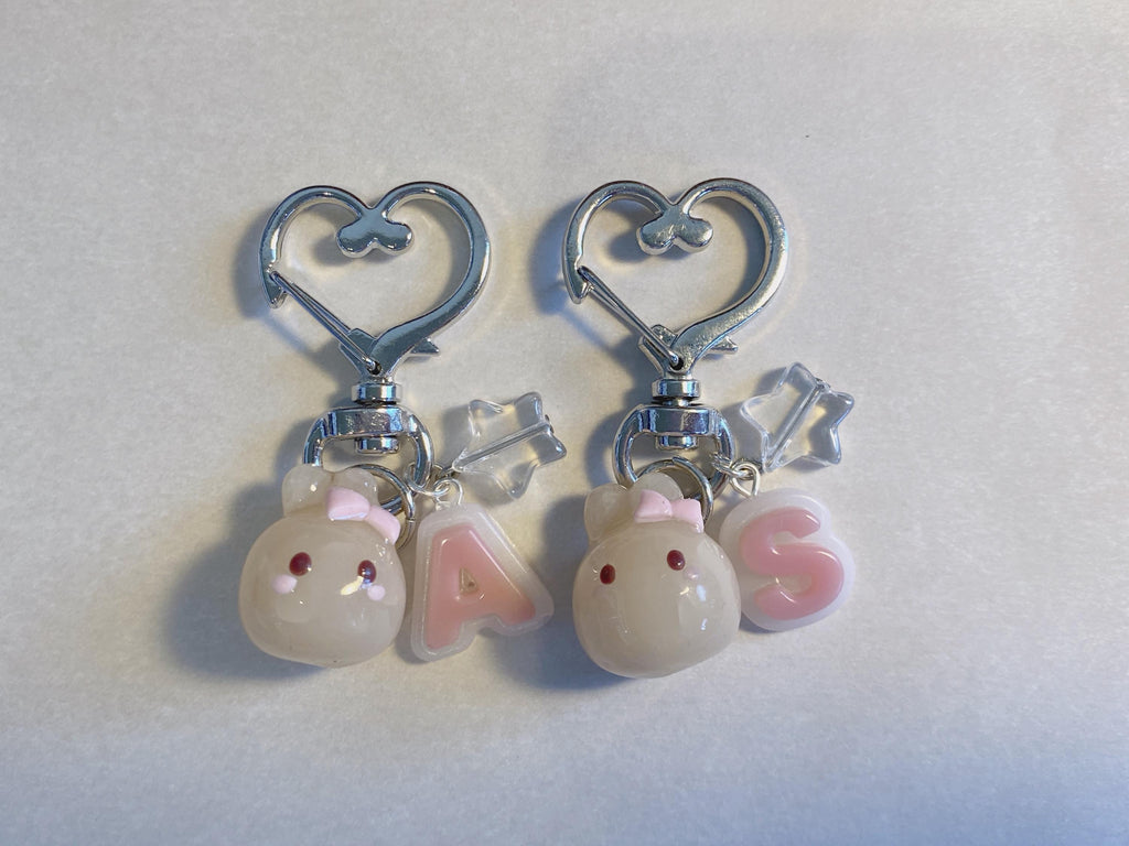 Pink themed polymer clay bunny keychain, with customizable letter