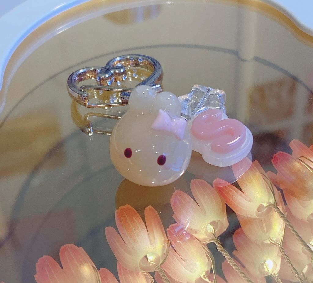 Pink themed polymer clay bunny keychain, with customizable letter